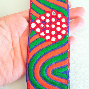 Blue Mirrored Fabric Trim With Orange, Green, Red And Yellow Embroidery With Mirrors